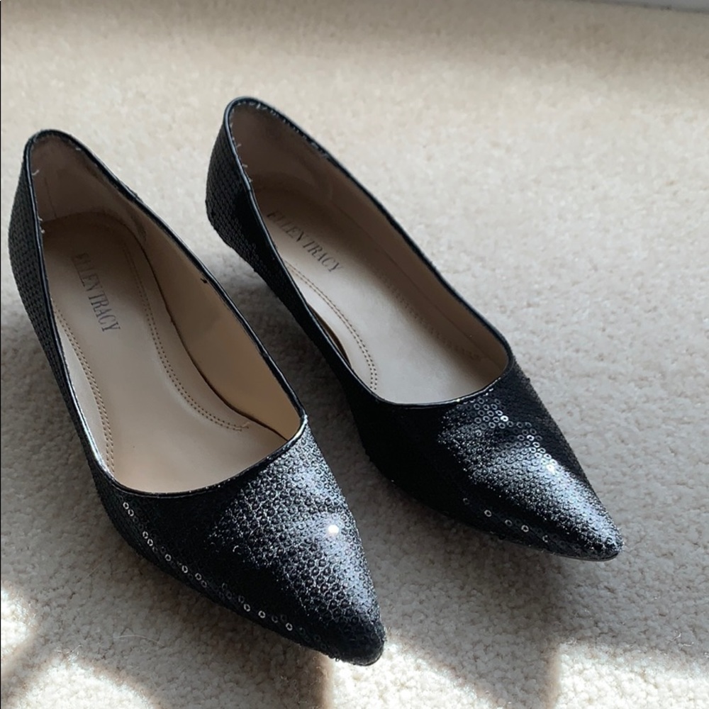 Ellen Tracy short black sequin heels